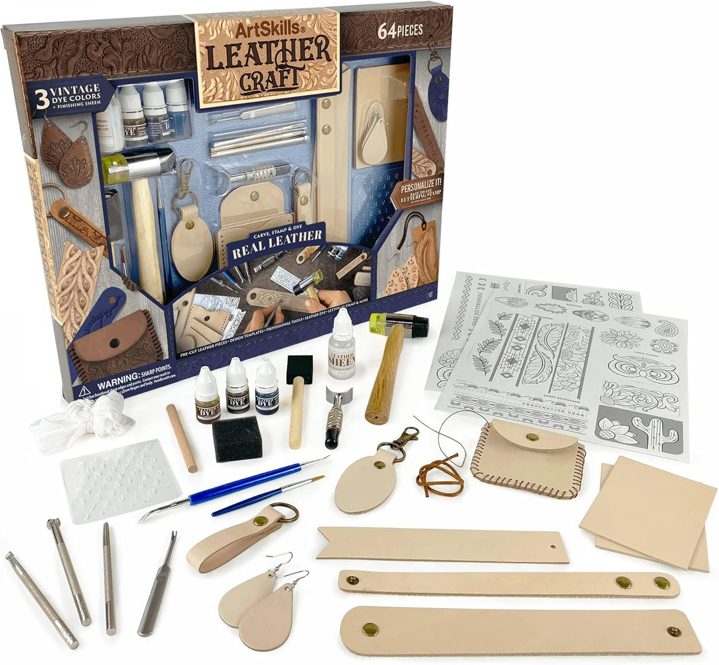 Leather Working Kit for Beginners with Tools and Dyes - 64 pc