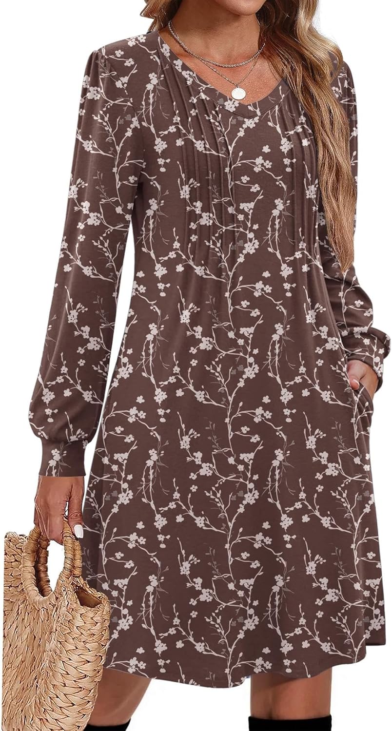 Casual Fall Dresses for Women Long Sleeve Pleated V Neck Style