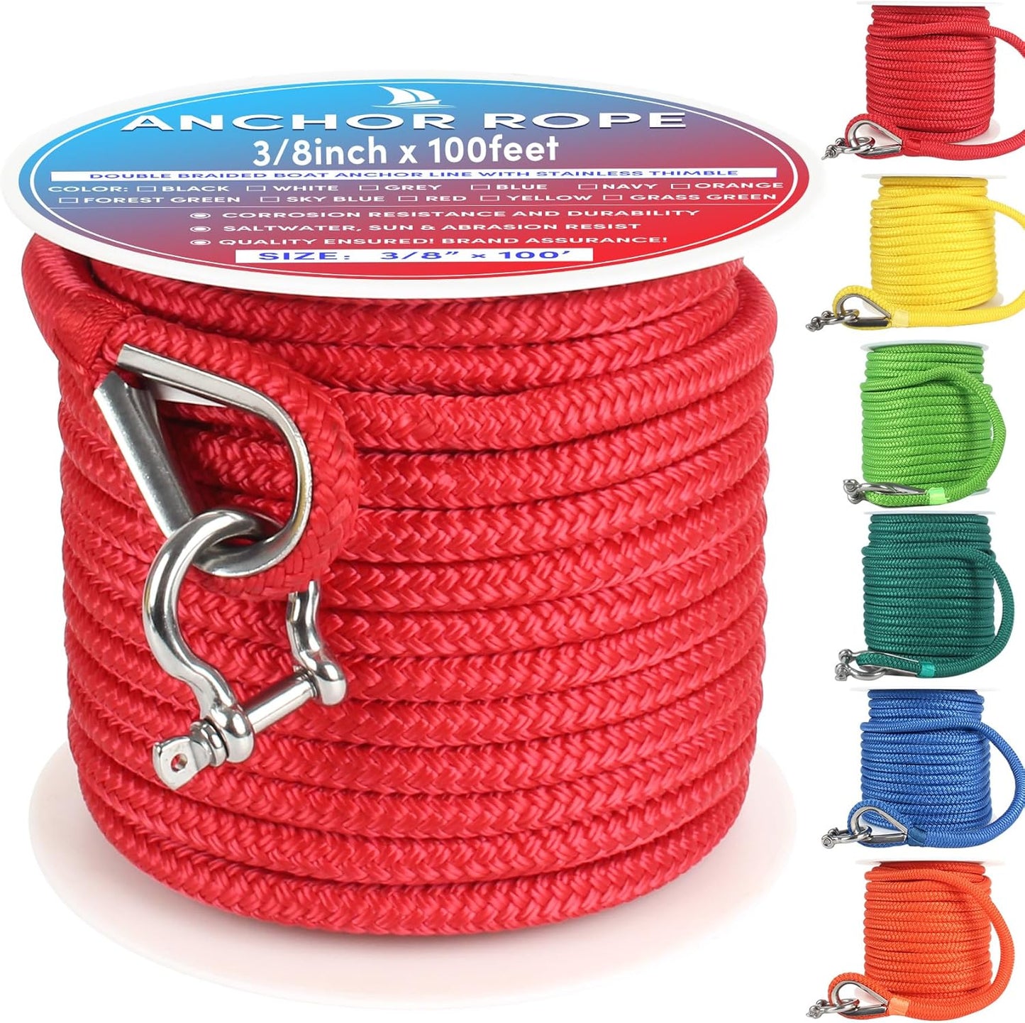 Boat Anchor Rope 100 ft x 3/8 inch Red for Boats Up to 27ft
