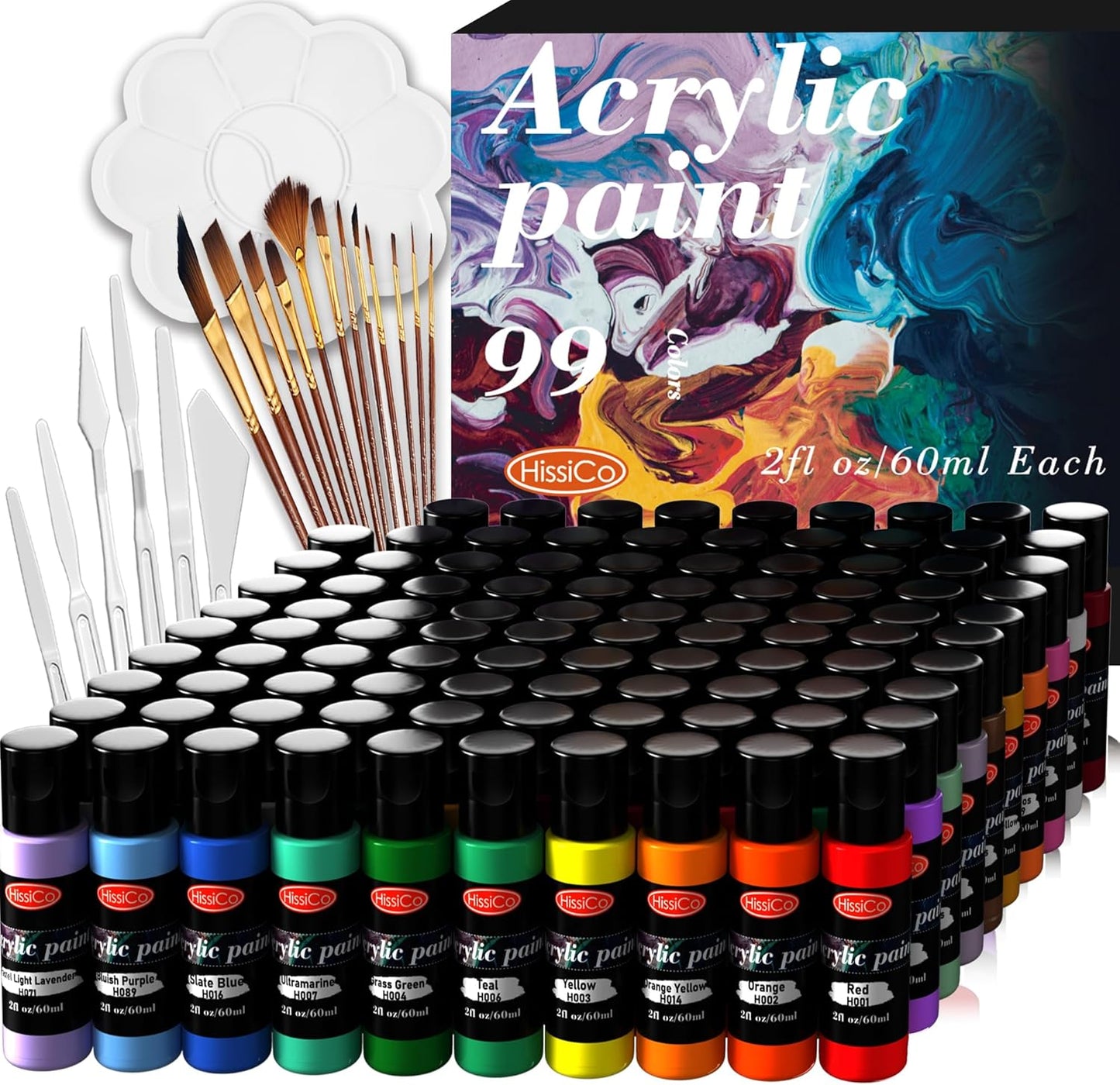 99 Color Acrylic Paint Set w/ Brushes - Rich Pigment