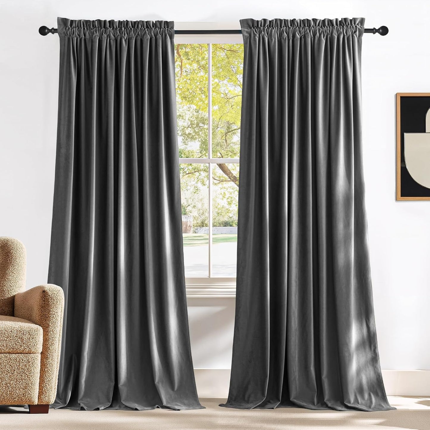 NICETOWN Grey Velvet Blackout Curtains for Bedroom and Living Room
