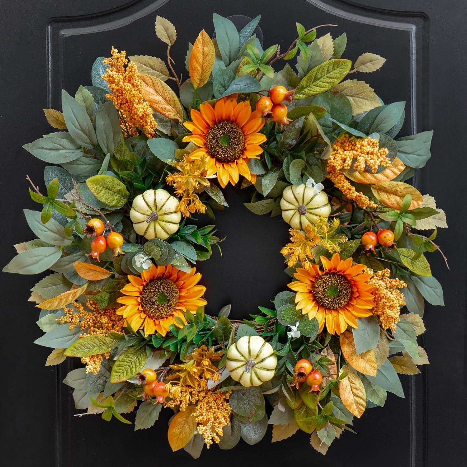 24 Inch Fall Wreath for Front Door with Sunflowers and Pumpkins