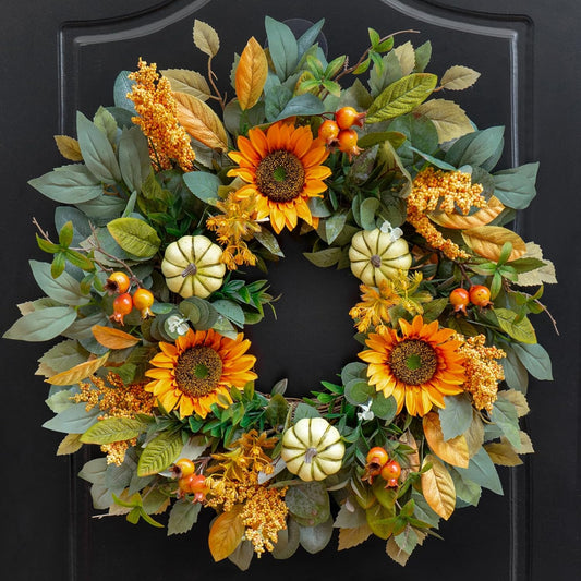 24 Inch Fall Wreath for Front Door with Sunflowers and Pumpkins