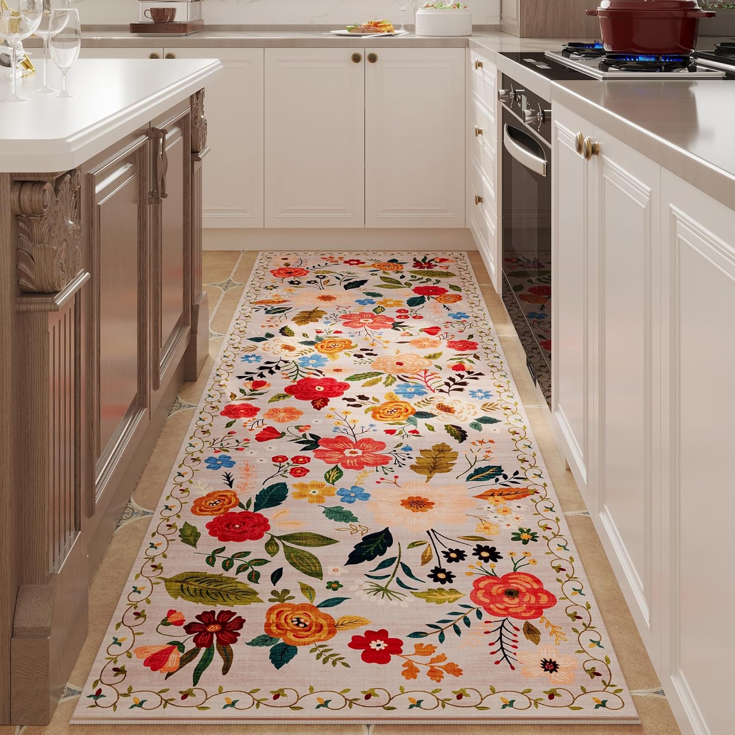 Runner Rug for Hallways Kitchen Non Slip Washable Floral Carpet