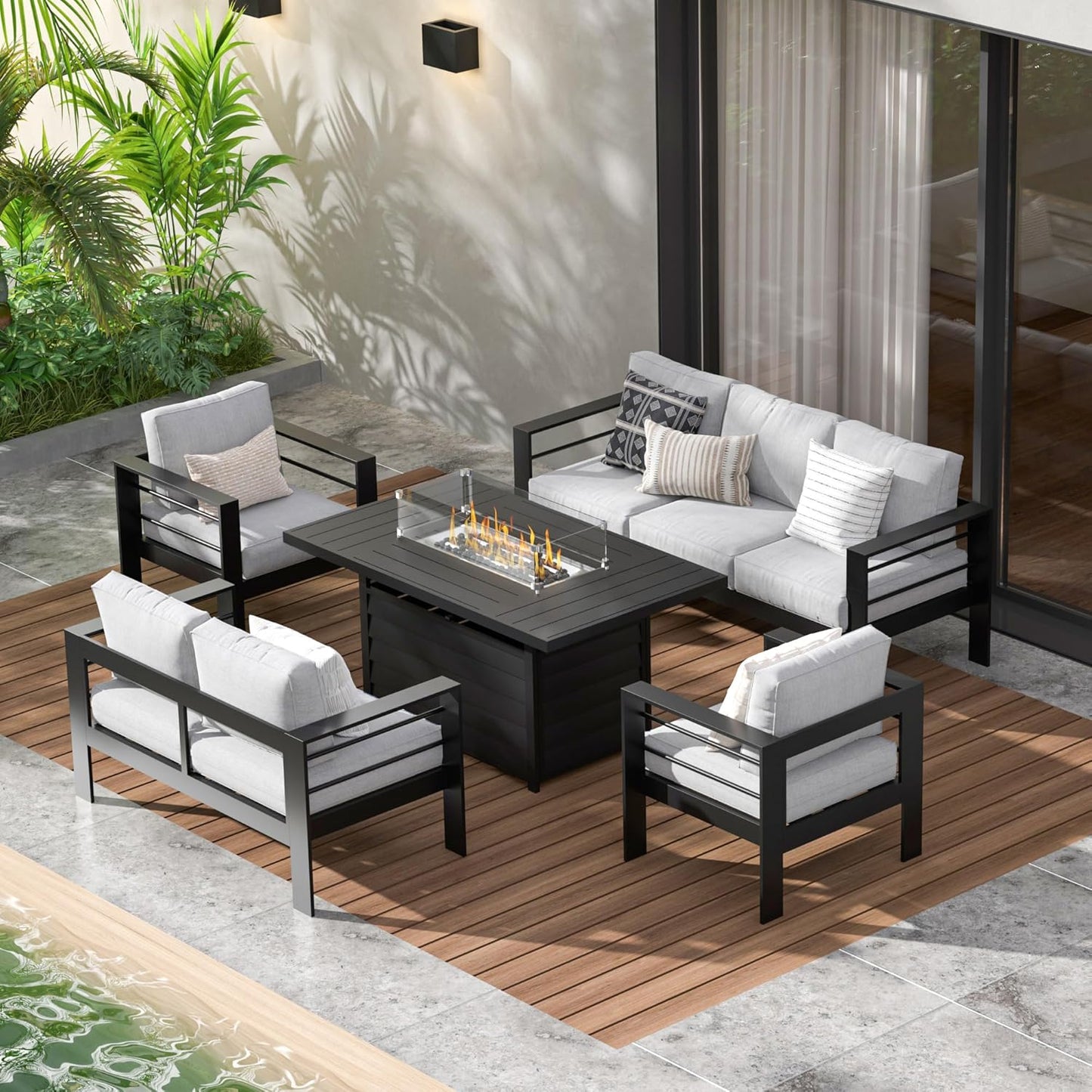 Aluminum Patio Furniture Set with Fire Pit Table for 7 Seats