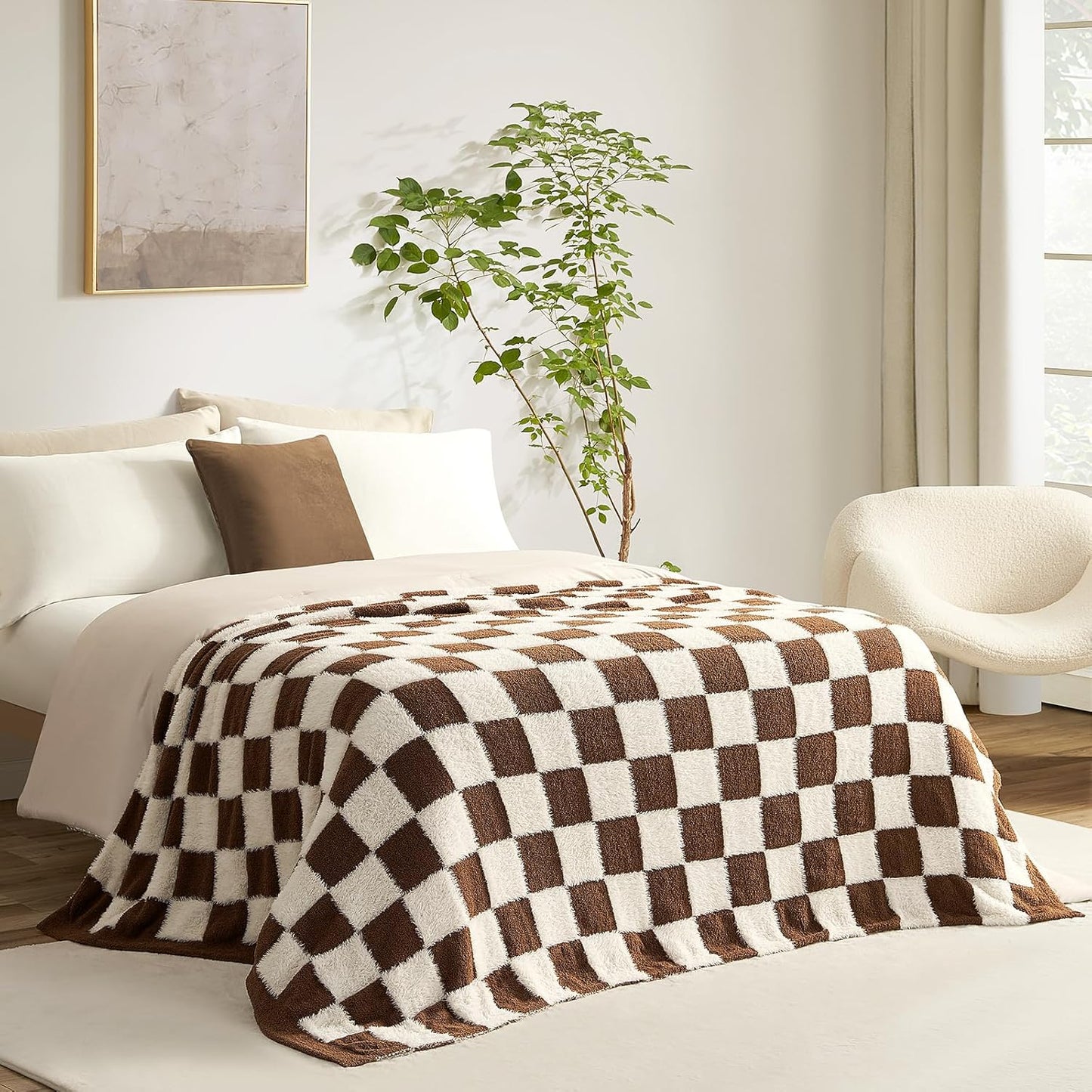 Snuggle Sac Brown Checkered Throw Blanket for Cozy Comfort