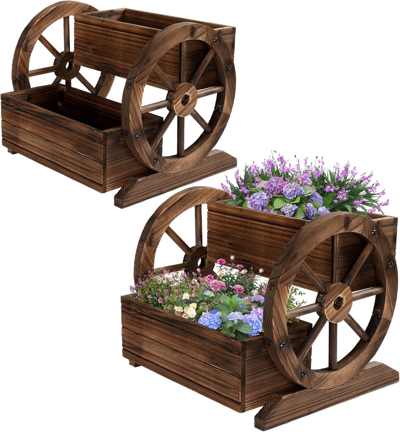 Wooden Wagon Planter Box with Wheels for Indoor & Outdoor Use