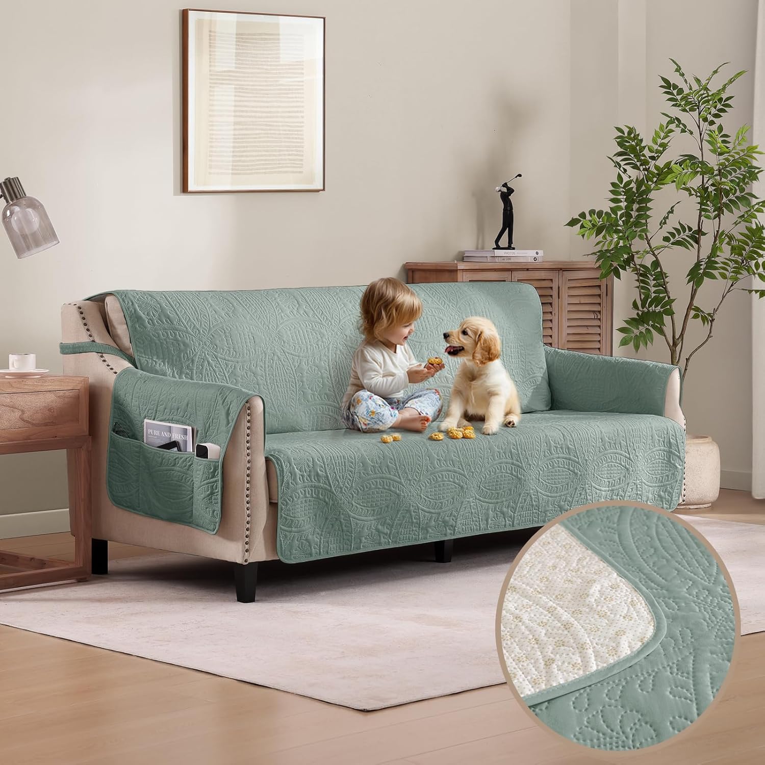 Soft Sage Quilted Couch Cover for Extra-Large Sofa Protection