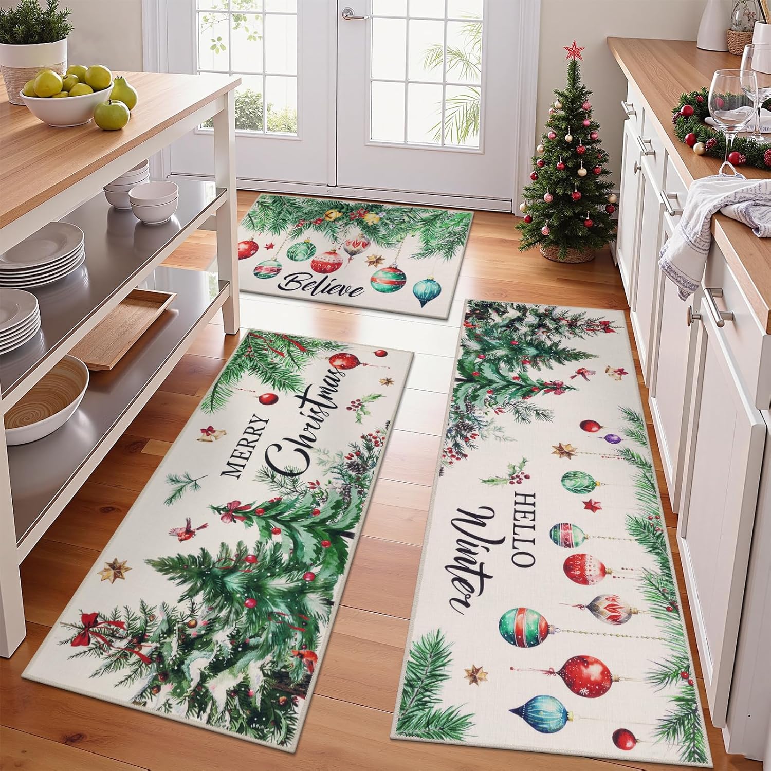 Topotdor Christmas Kitchen Rugs Set of 3 for Festive Decor