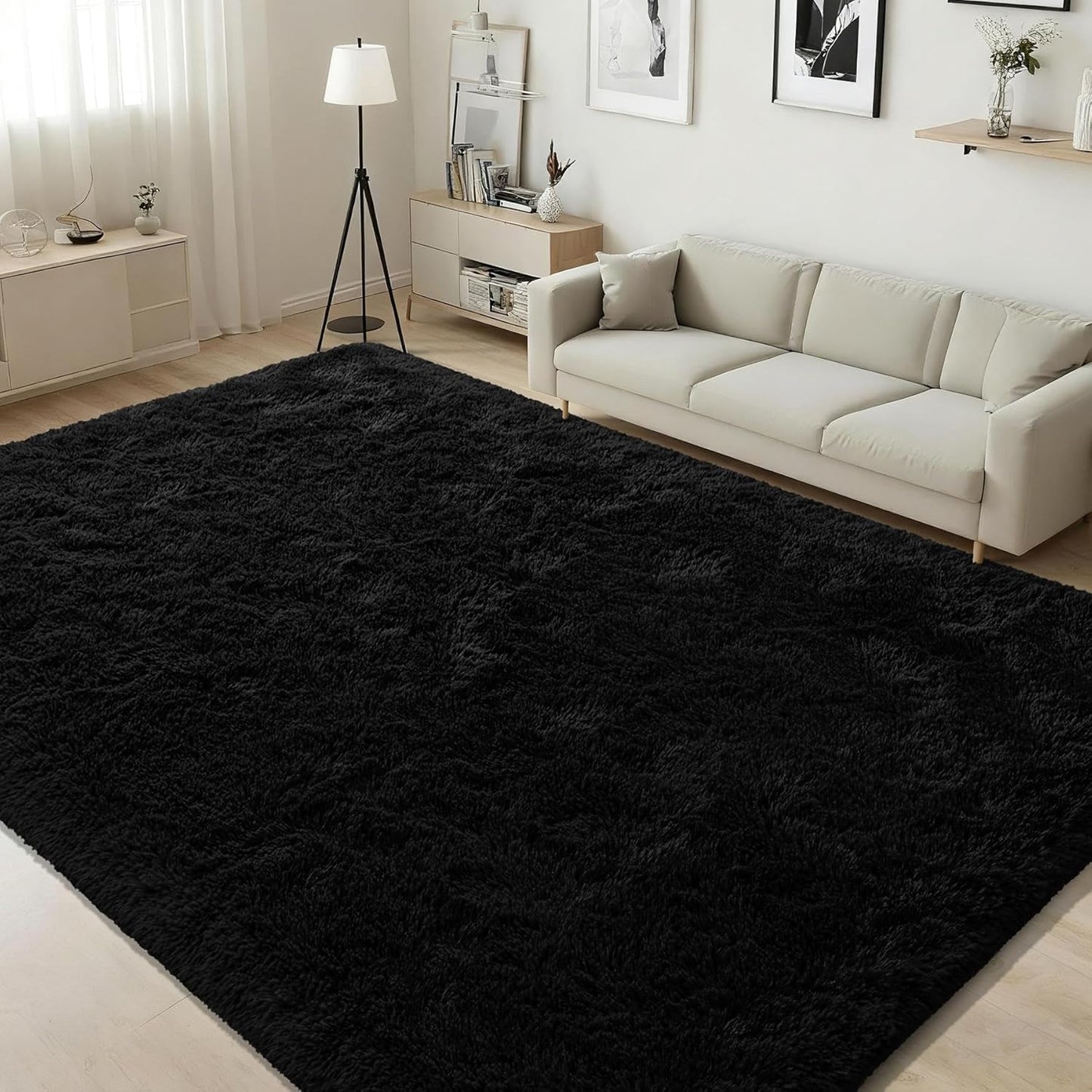 ISEAU Black Fluffy 5x8 Feet Area Rug for Living Room Decor