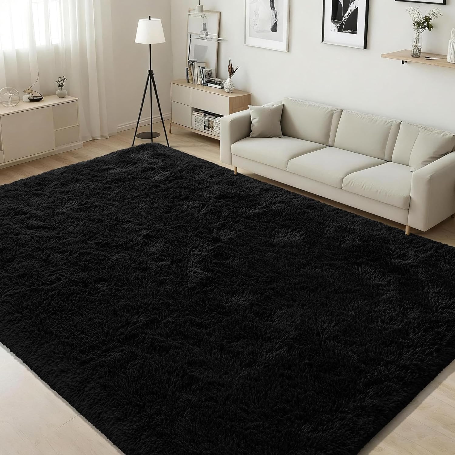 ISEAU Black Fluffy 5x8 Feet Area Rug for Living Room Decor