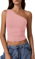 QINSEN Women's One Shoulder Tank Top - Double Lined Cropped Fit