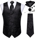 Mens Black Paisley Vest and Tie Set for Wedding - Silk Waistcoat Combo