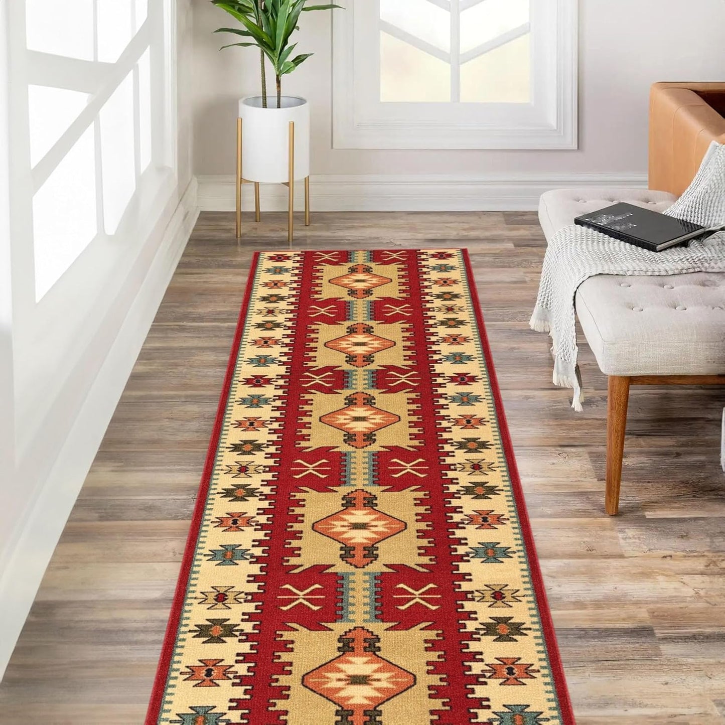 Custom Size Red Bohemian Kilim Non-Slip Hallway Runner Rug