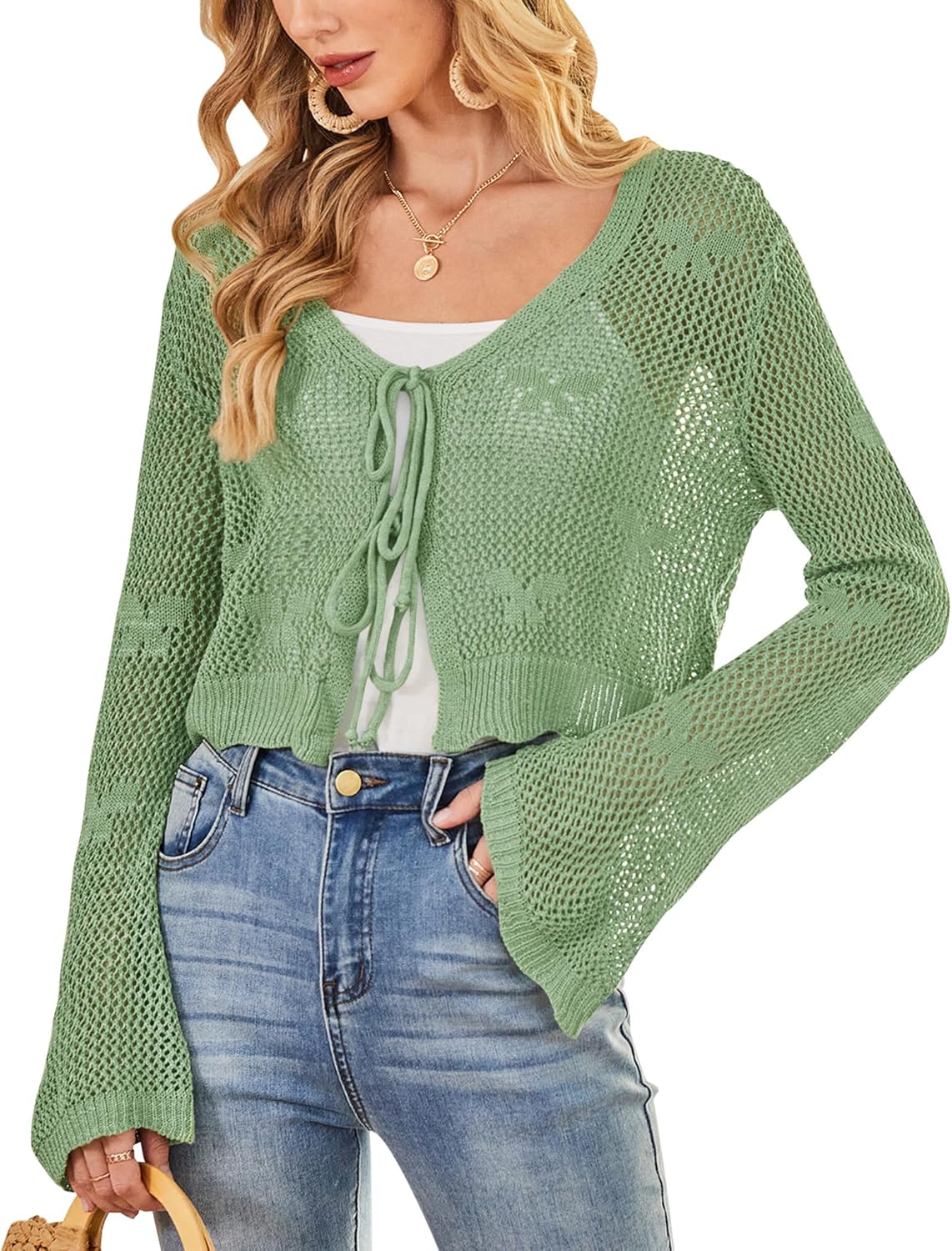 Balimtoy Women Tie Front Hollow Out Knit Crop Top for All Occasions