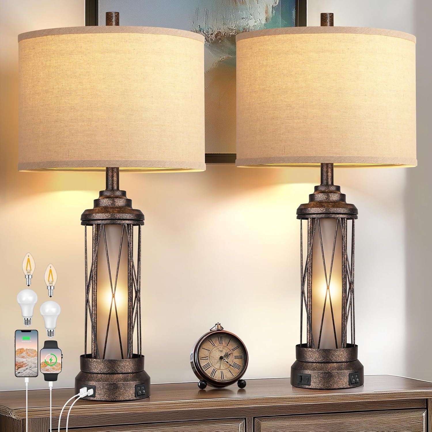 Rustic Farmhouse Table Lamps with USB Charging Ports and Bulbs