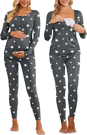 Ekouaer Women's Button Down Nursing Thermal Pajamas Set