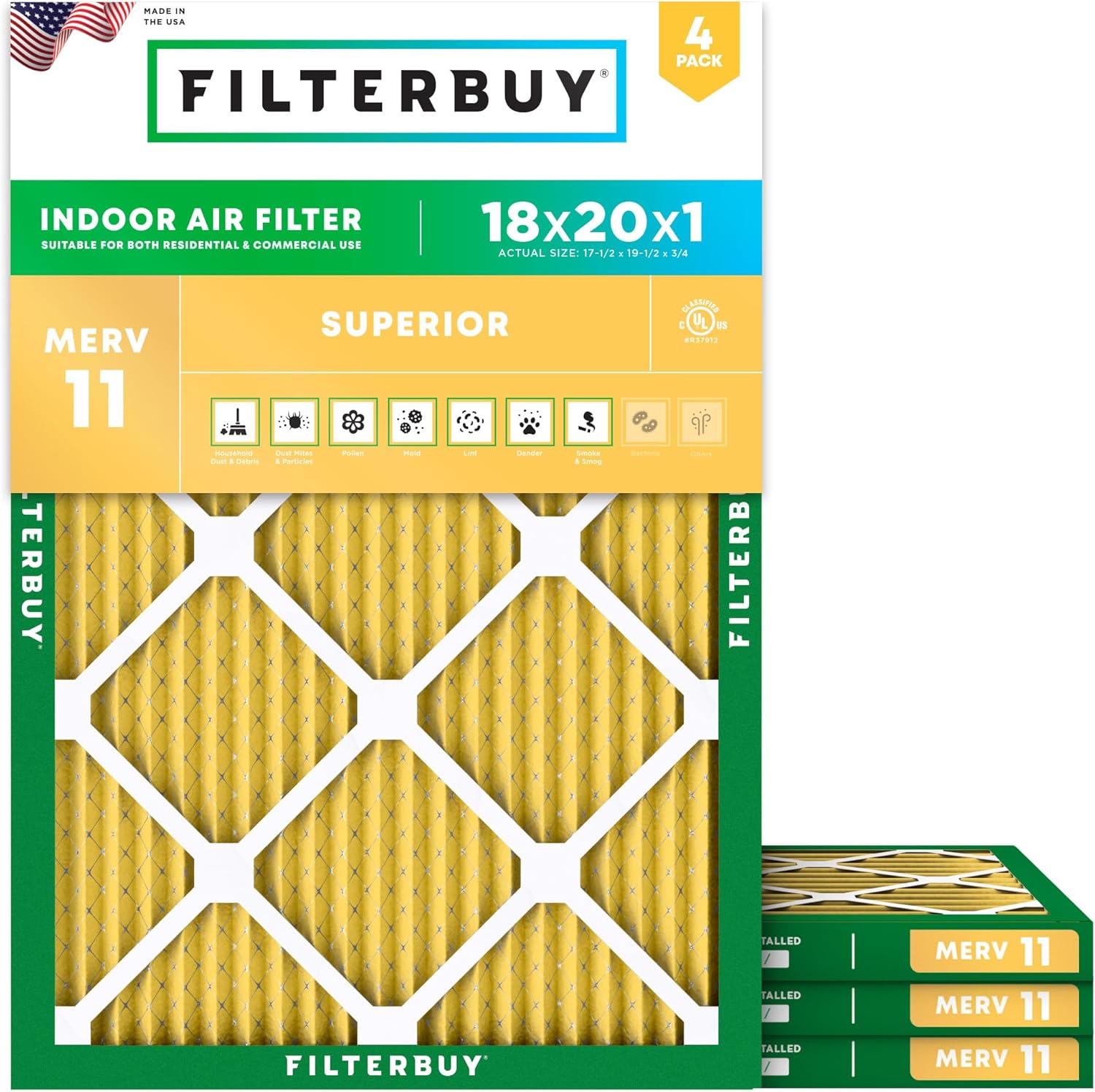 Filterbuy 18x20x1 Air Filter MERV 11 for Pet & Allergy Defense