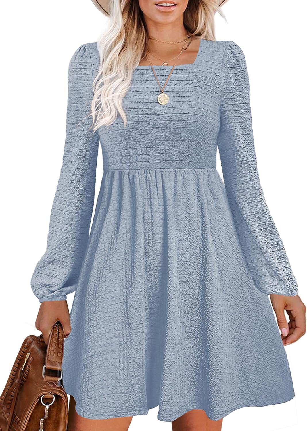 Womens Babydoll Dresses Square Neck Long Sleeve Flowy Style
