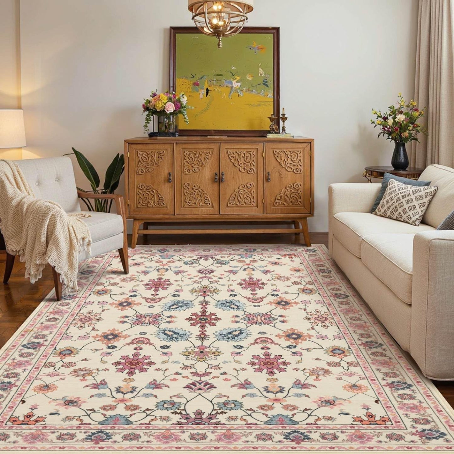 Pink Floral Rug for Living Room and Bedroom, 4x6 Washable