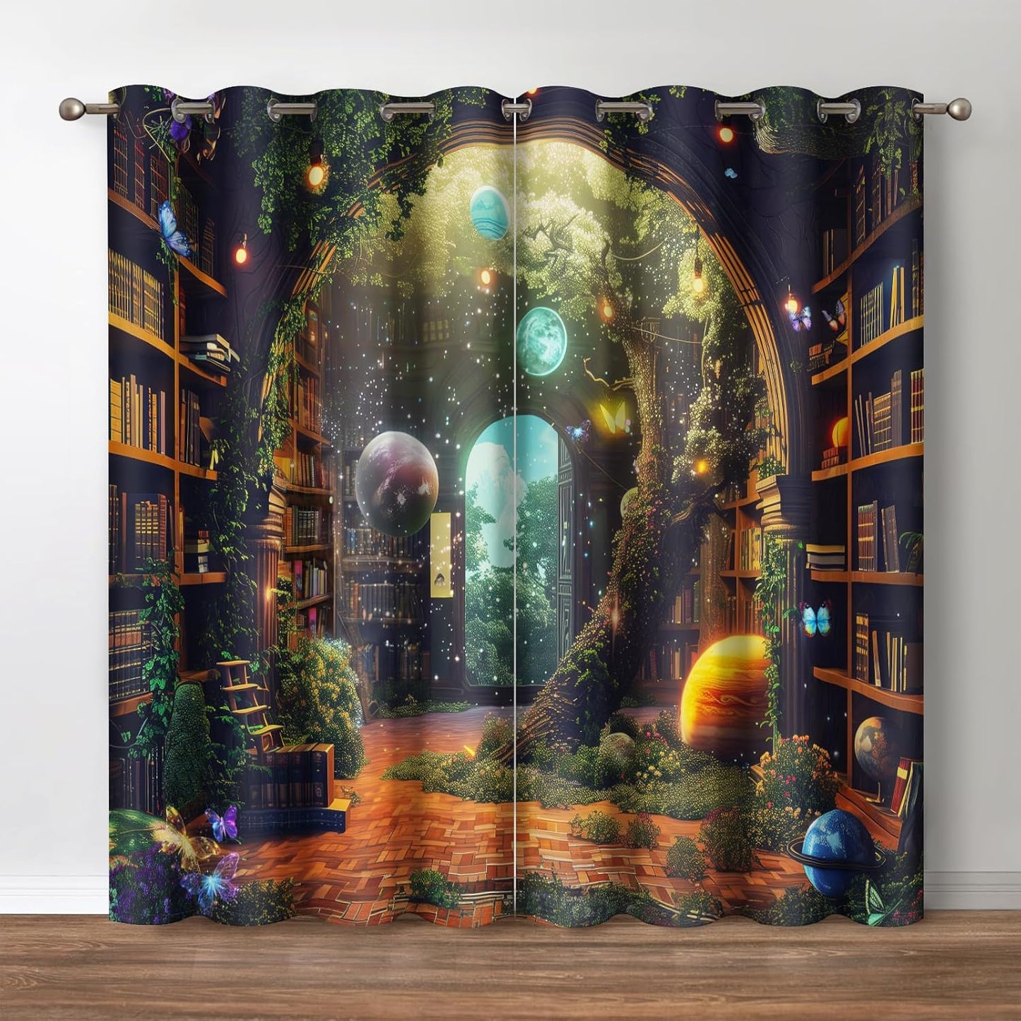 Jekeno Vintage Bookshelf Blackout Curtains for Bedroom Decor