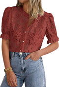 PRETTYGARDEN Womens 2025 Lace Puff Sleeve Button Down Top