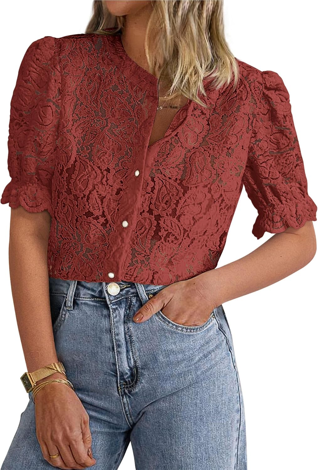 PRETTYGARDEN Womens Lace Tops Short Puff Sleeve Blouses