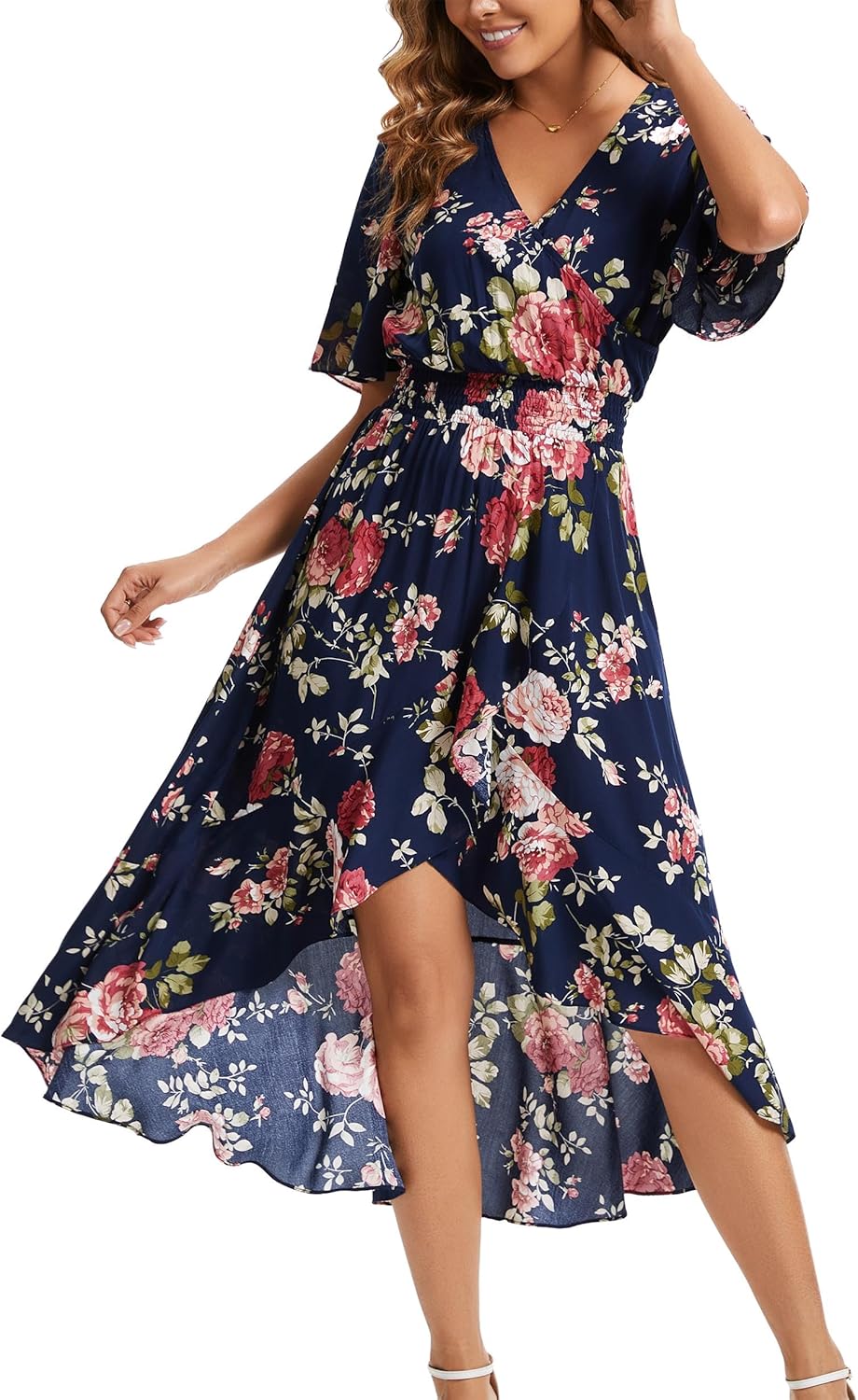 Kormei Womens Floral Maxi Dress High Low V-Neck for Parties