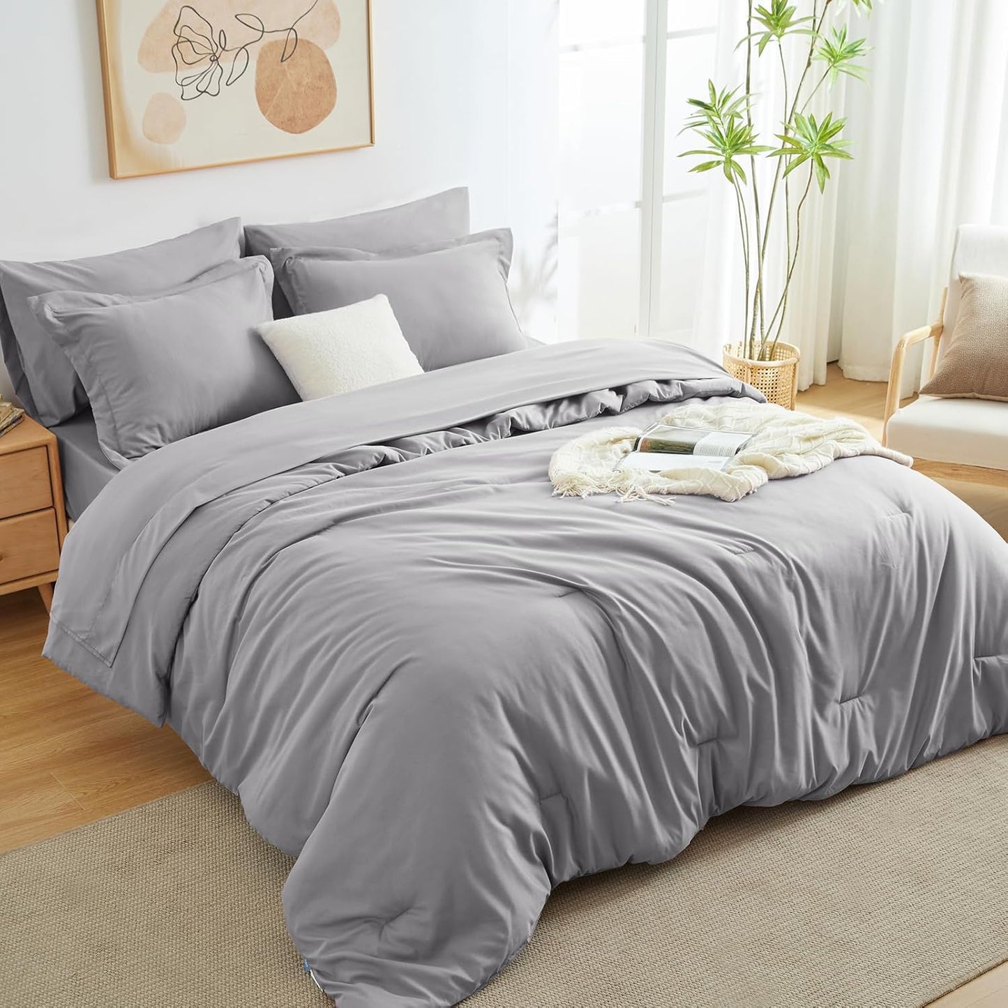 Light Grey Queen Comforter Set, 7 Pieces Bed in a Bag