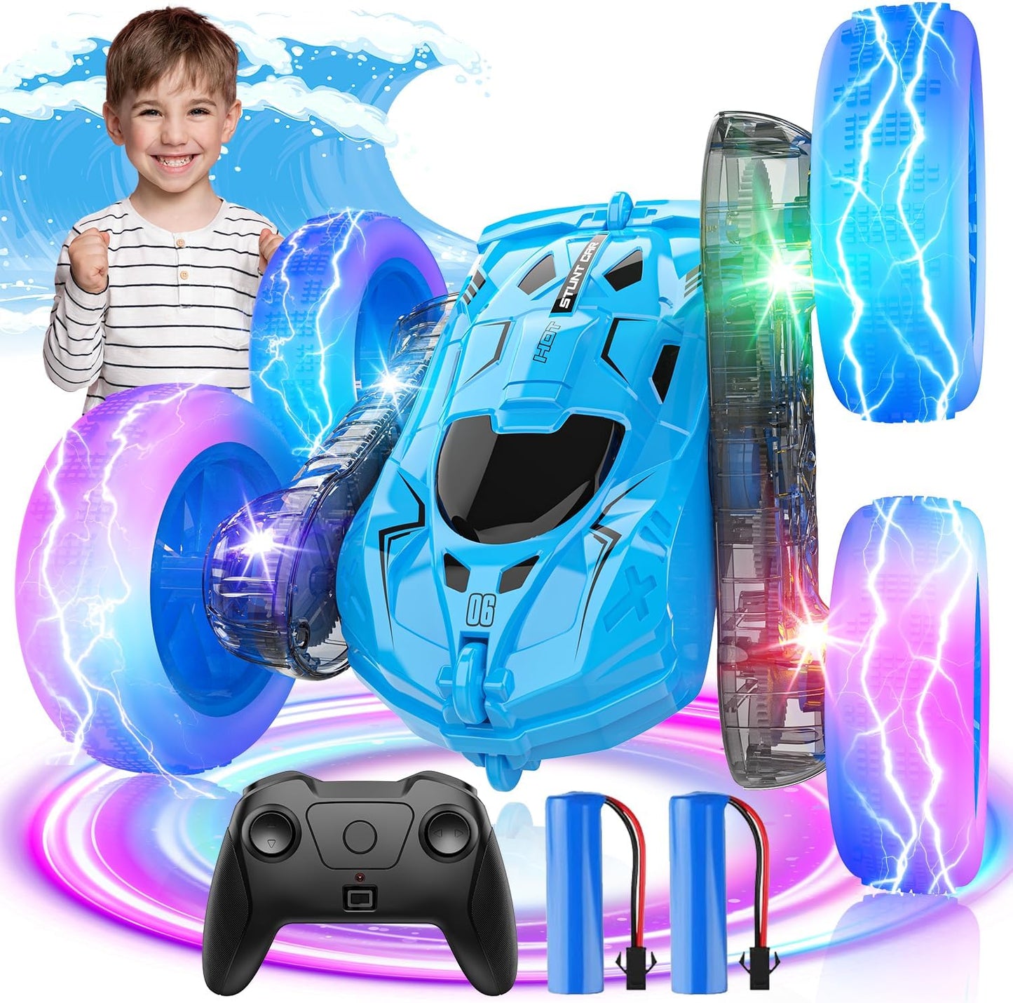 360Flip Blue RC Car w/ Colorful Lights - Rechargeable Fun for Boys 4-12!