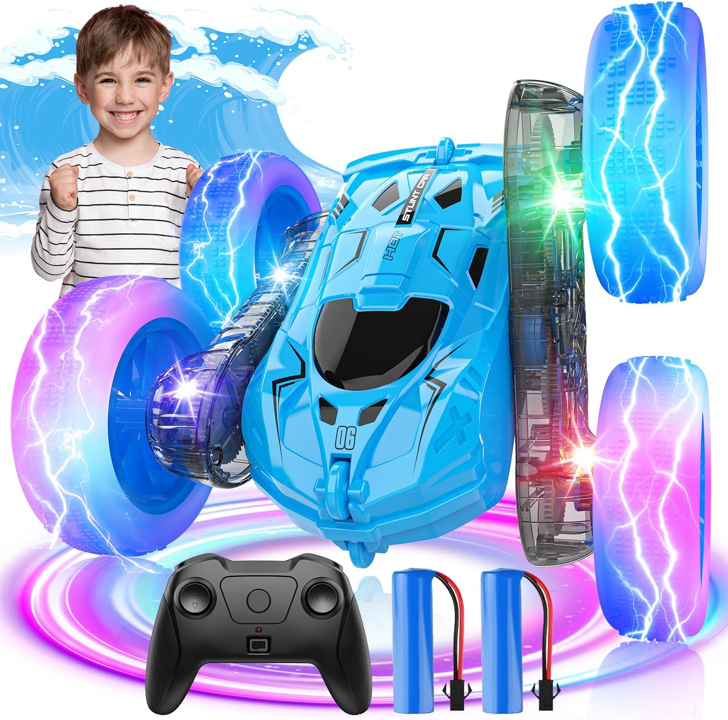 360Flip Blue RC Car w/ Colorful Lights - Rechargeable Fun for Boys 4-12!