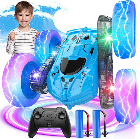 360Flip Blue RC Car w/ Colorful Lights - Rechargeable Fun for Boys 4-12!