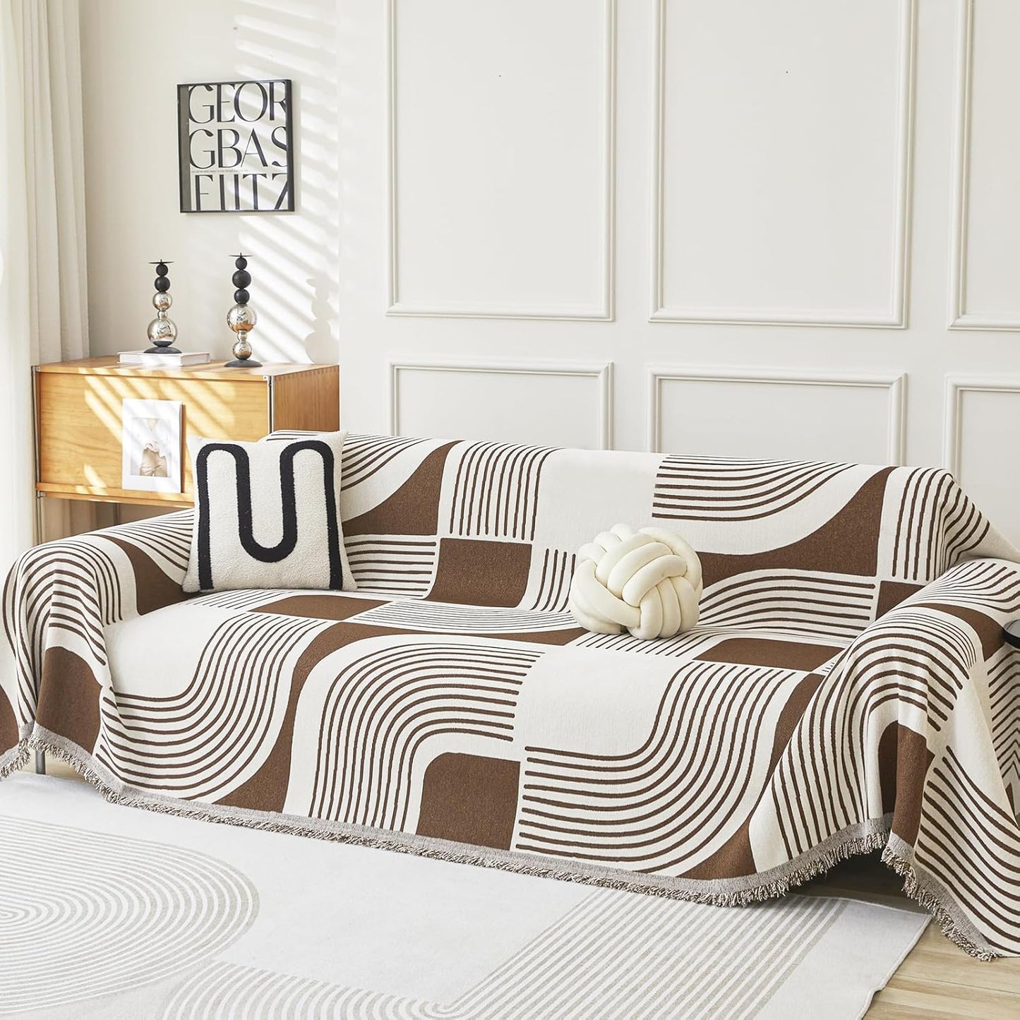 Boho Couch Cover for 3 Cushion Sofa, Washable Chenille Slipcovers