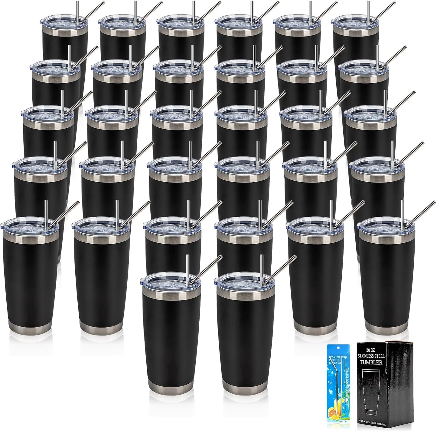 32 Pack 20oz Stainless Steel Tumblers with Lids and Straws