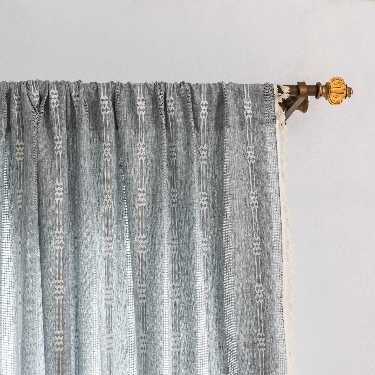 Boho Embroidery Striped Farmhouse Curtains - 84 Inch Long Set