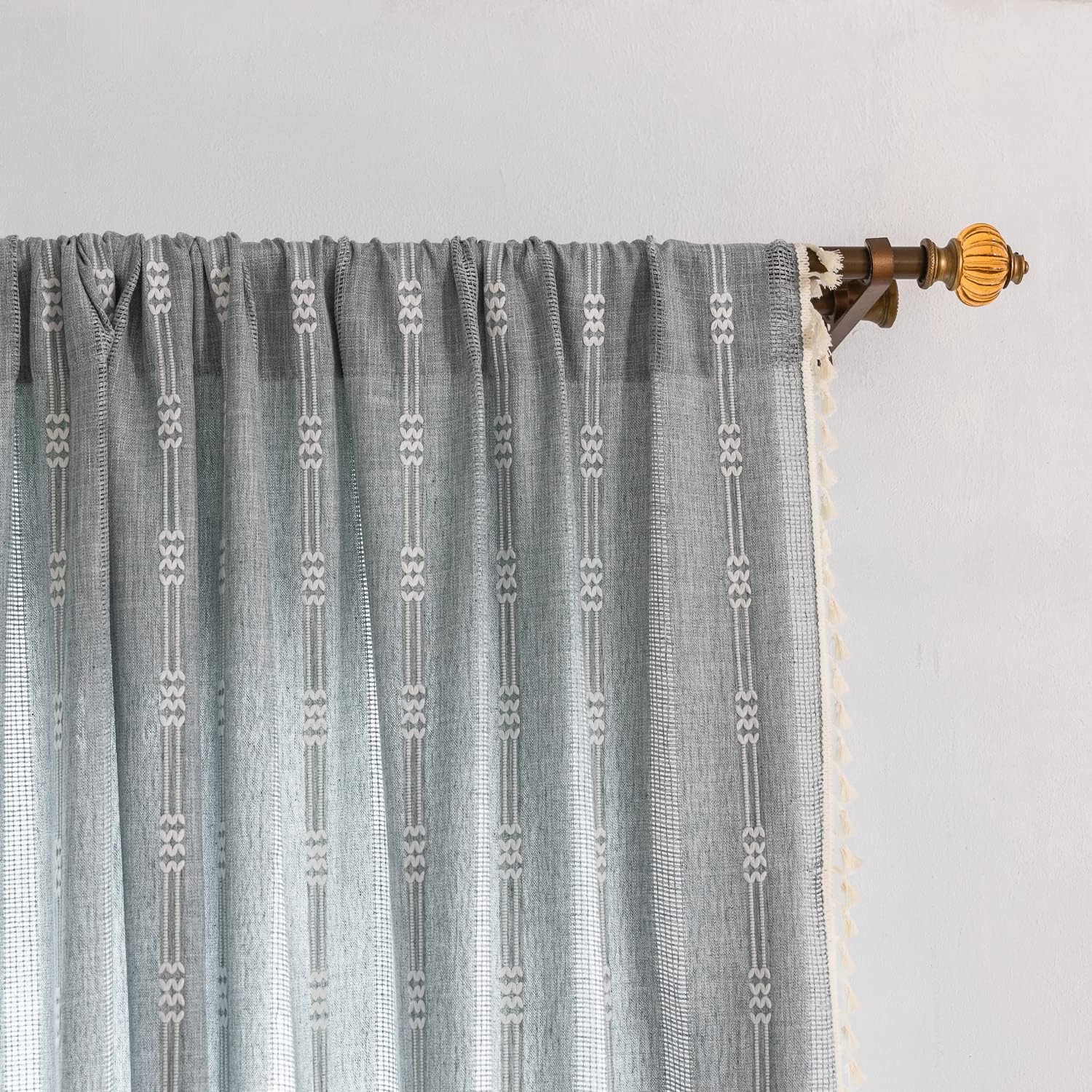 Boho Embroidery Striped Farmhouse Curtains - 84 Inch Long Set