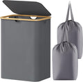150L Laundry Basket with Lid and Bamboo Handles - Grey Foldable Hamper