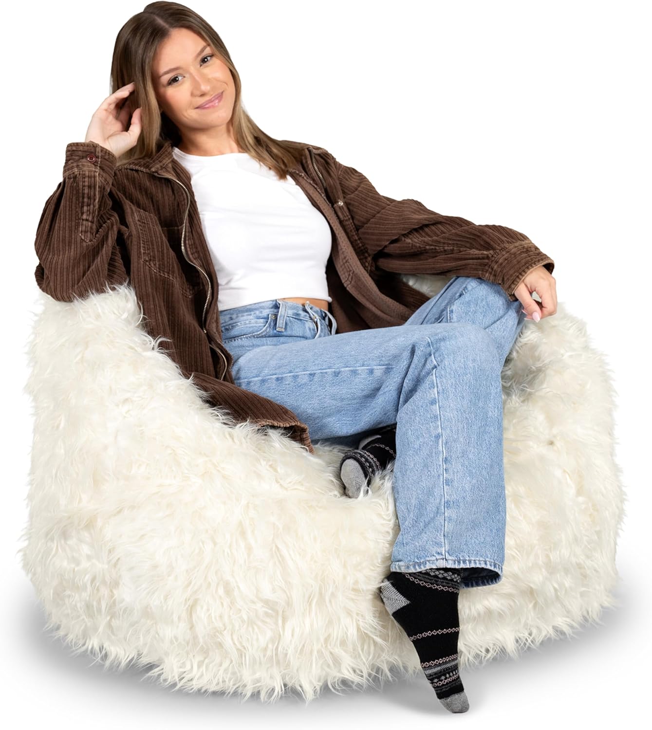 Big Joe Milano Bean Bag Chair in Ivory Shag Fur for Comfort