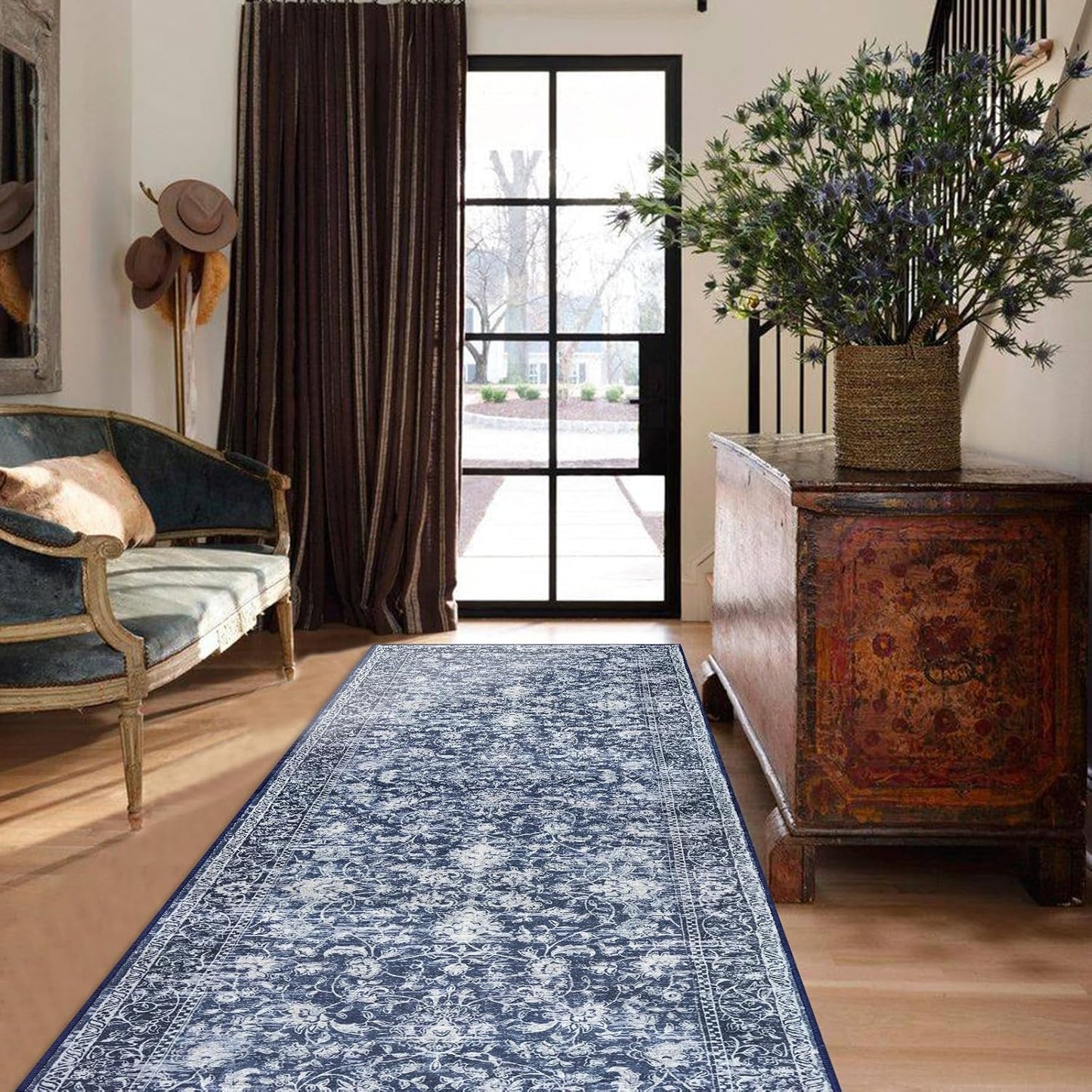KILOCOCO Hallway Runner 2.6x8 Vintage Floral Non-Slip Rug