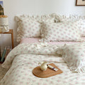 Pink Floral Duvet Cover Set King Size - Romantic Cotton Ruffle Bedding