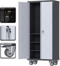 Metal Storage Cabinet with Wheels and Pegboard for Garage Use