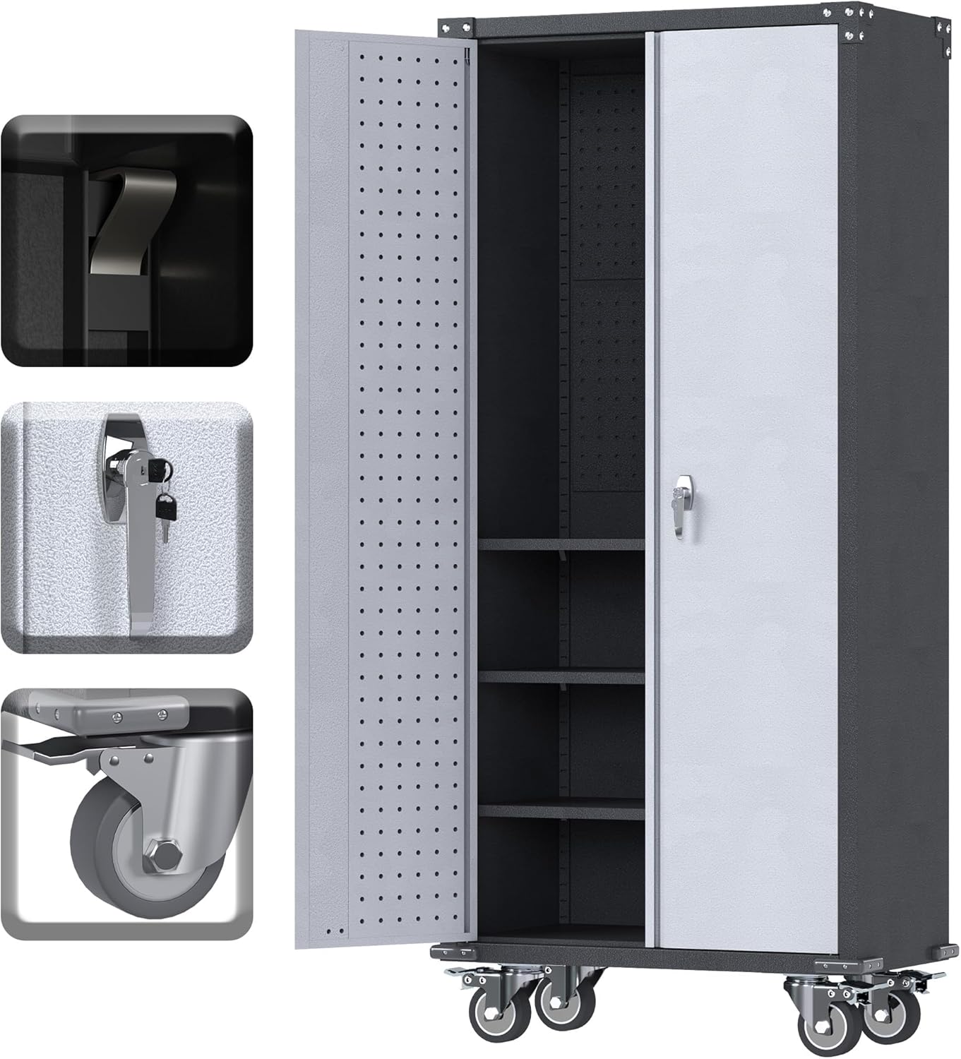 Metal Storage Cabinet with Wheels and Pegboard for Garage Use
