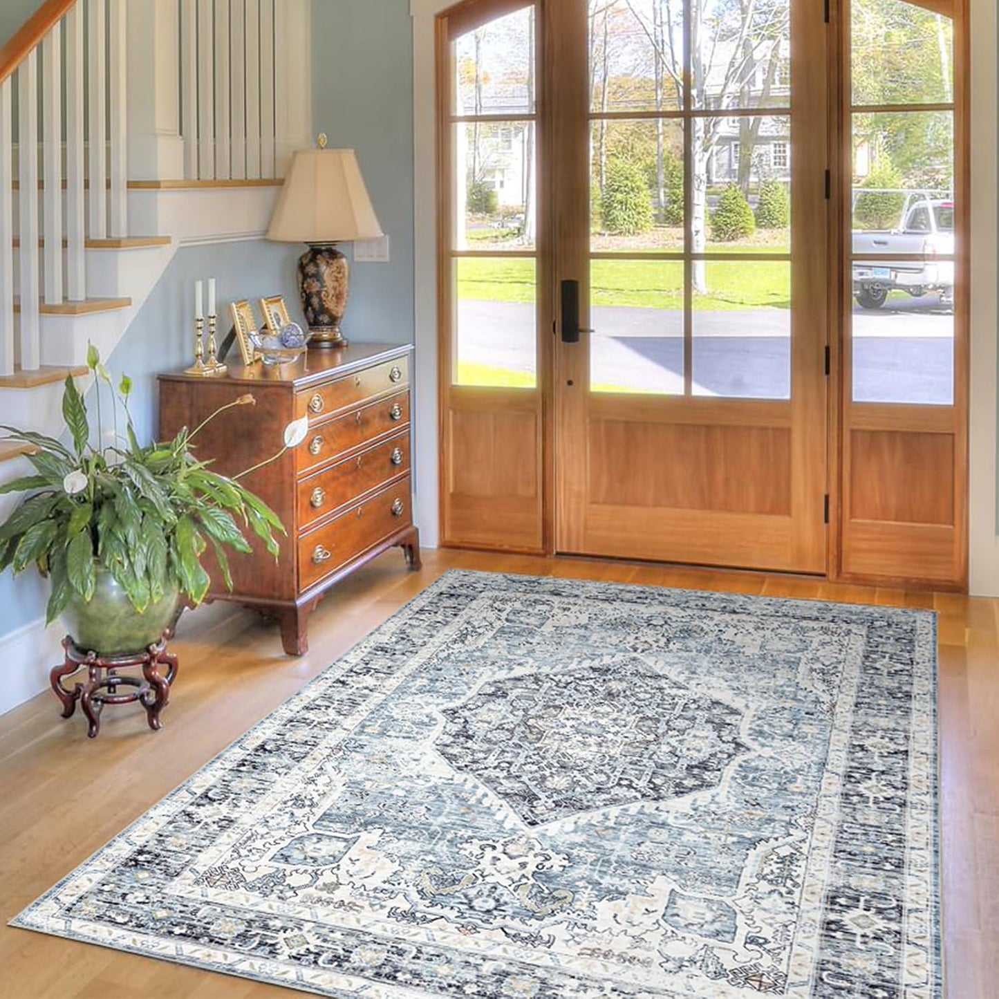 Vintage Boho Area Rug 46 in Light Blue, Ultra-Soft and Washable