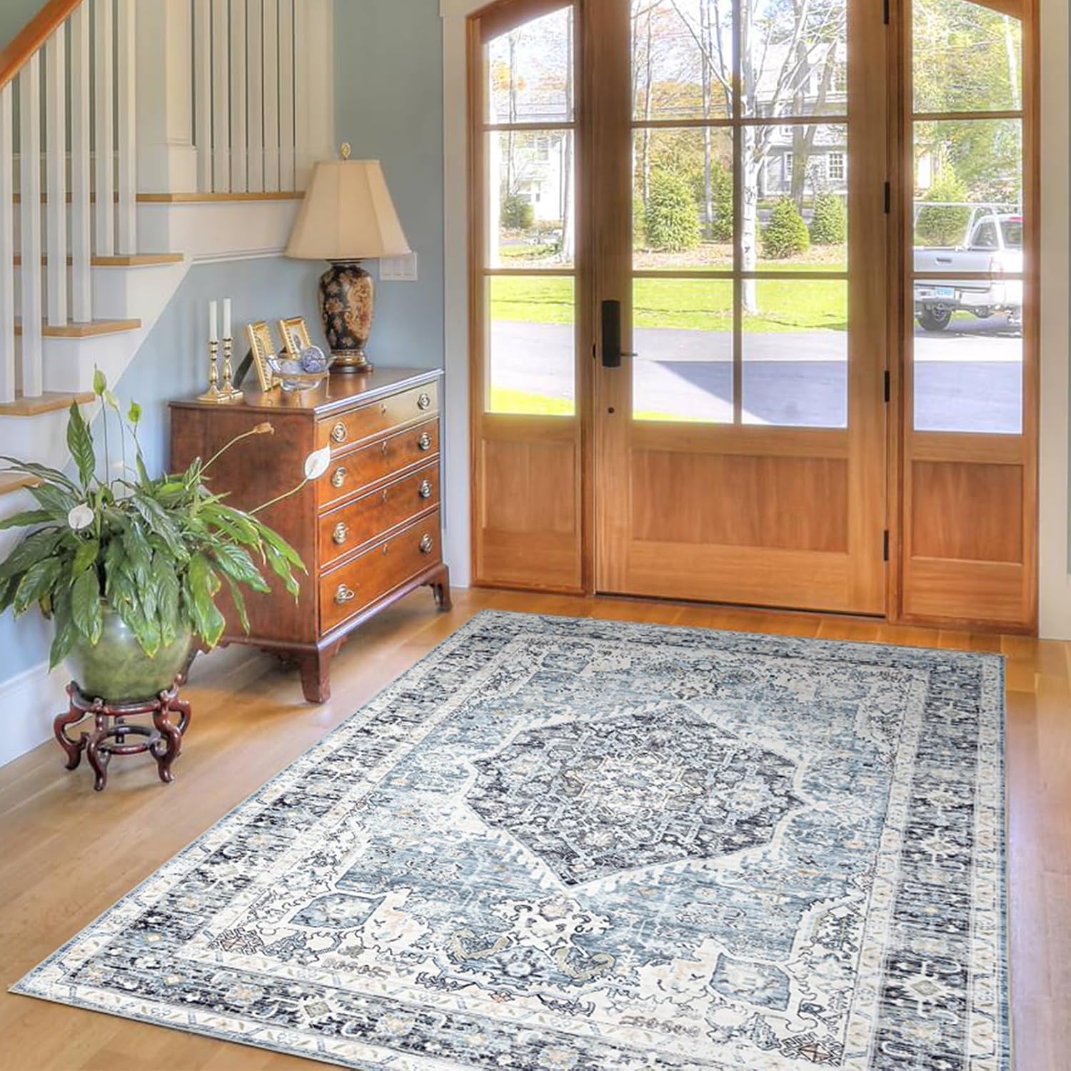 Vintage Boho Area Rug 46 in Light Blue, Ultra-Soft and Washable