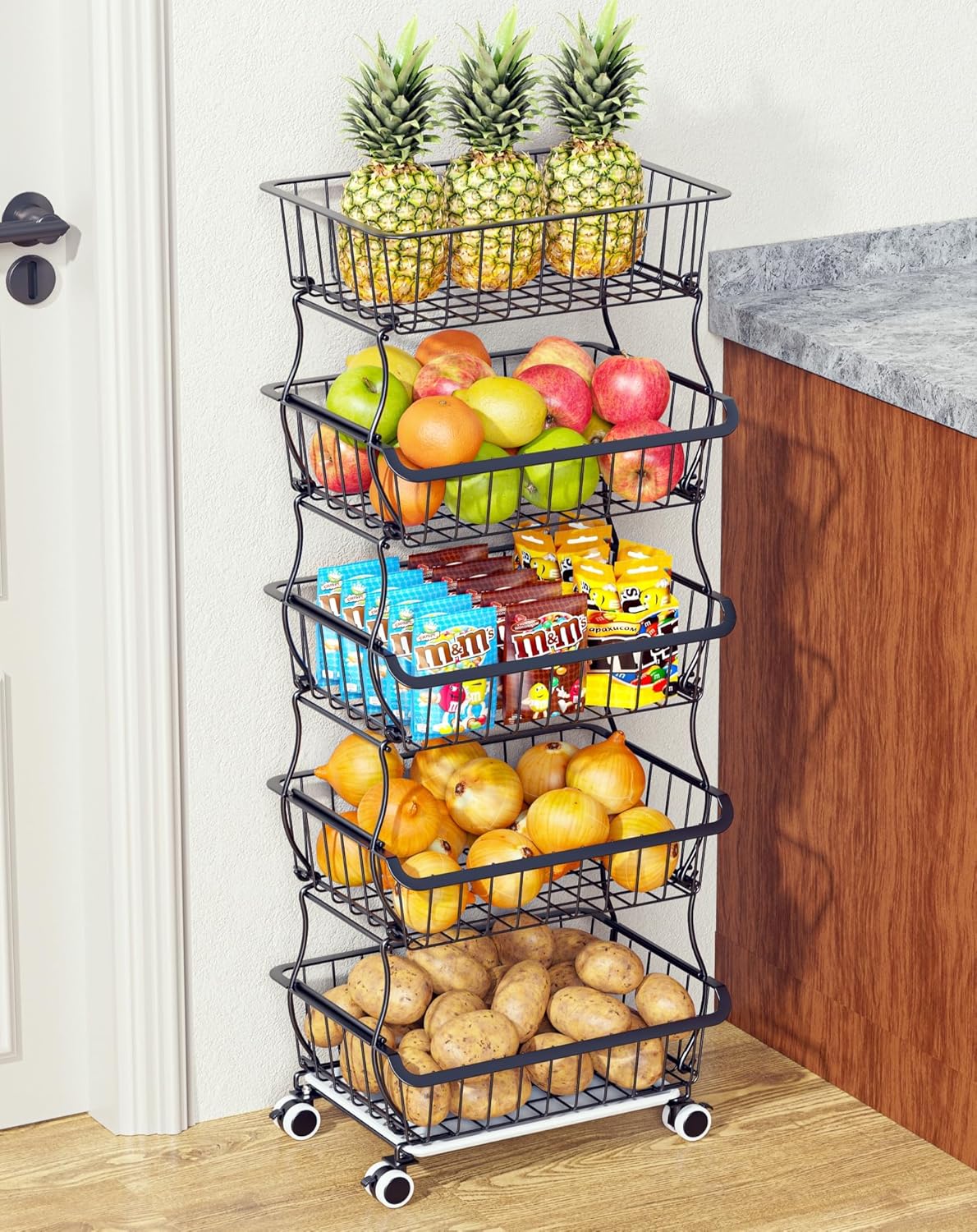 5 Tier Fruit Basket for Kitchen - Stackable Wire Rack with Wheels