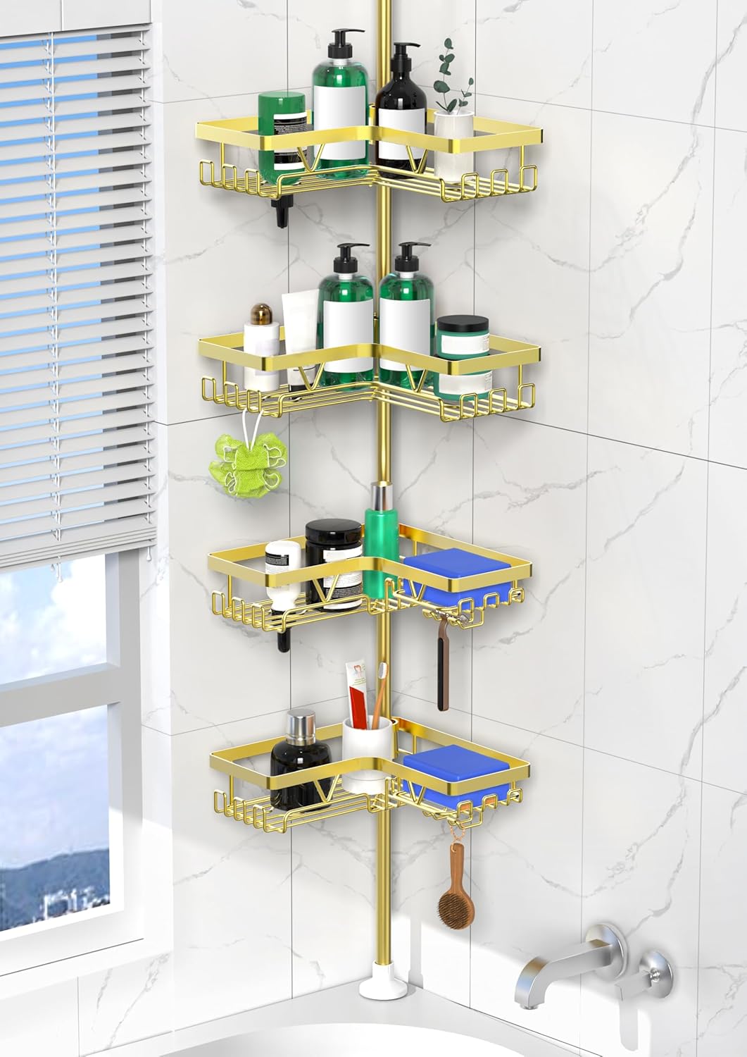 Shower Caddy Tension Pole - Gold Corner Organizer for Bath