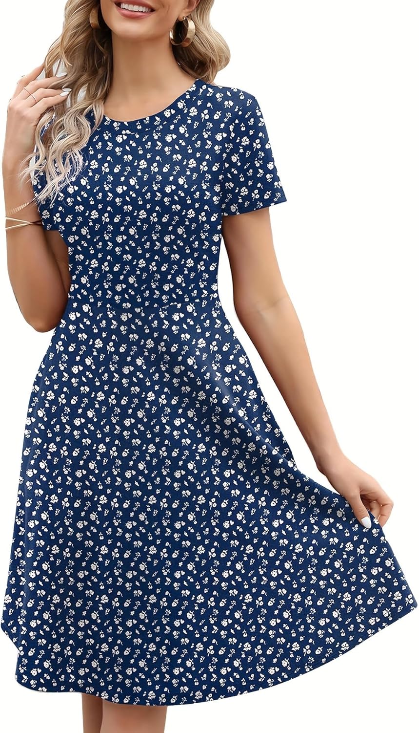 Women's Elegant Knee Length Floral Print A-Line Swing Dress