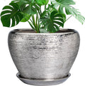 Flower Pot 10 in Planter with Drainage Hole and Saucer - Silver