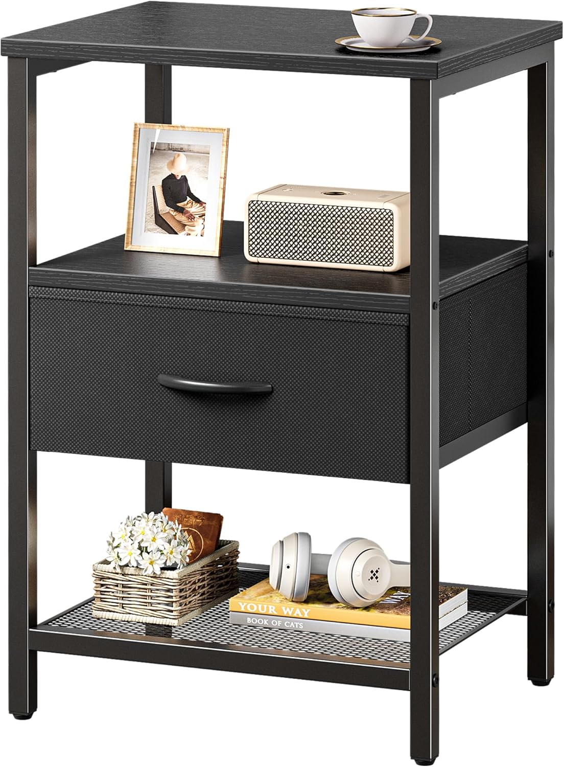 Huuger Night Stand with Fabric Drawer and Mesh Shelf Design