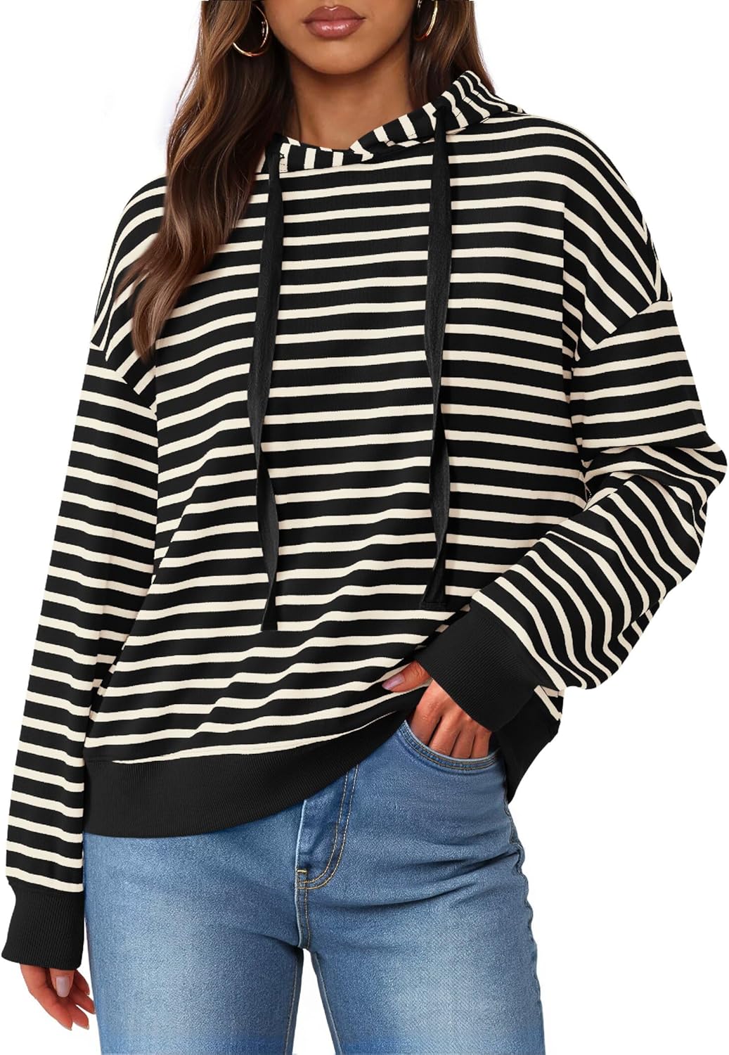 KIRUNDO Womens Hoodies Long Sleeve Striped Pullover Tops